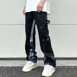 Color Match Spliced Speckled Ink Vibe Style Micro Flare Jeans Pants for Men Y2K Cleanfit Casual Washed Baggy Denim Trousers