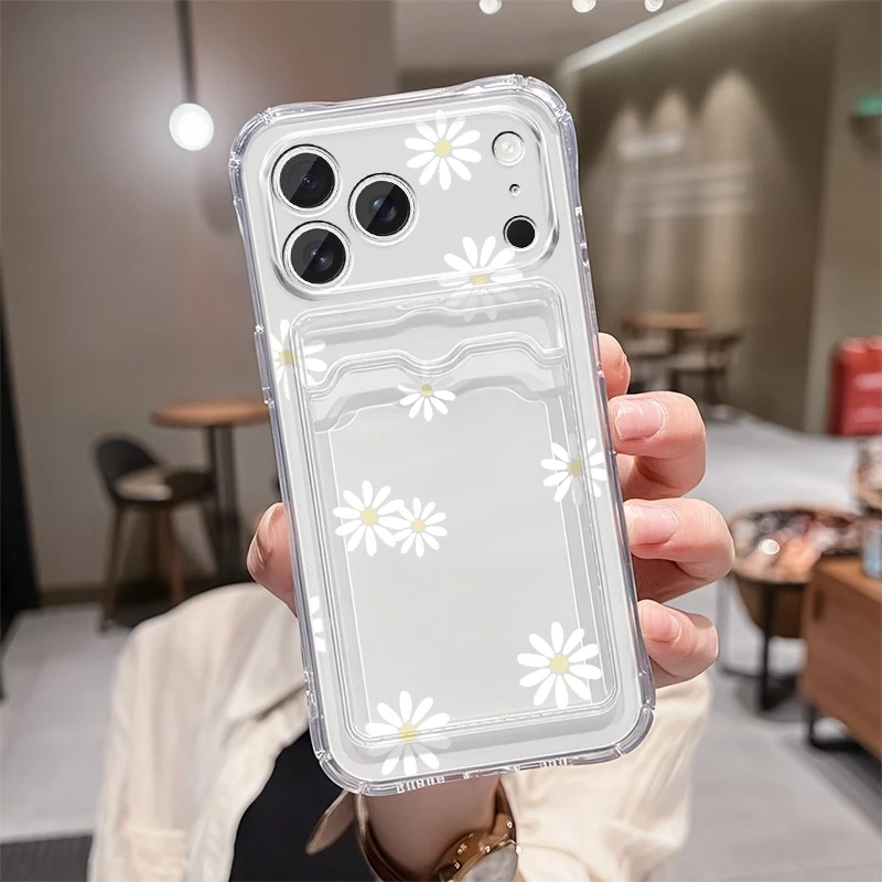 Clear Soft Case with Flower Design and Transparent Card Holder Slots