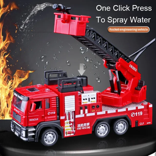1/32 Fire Engine Car Toy Model with Sound Light Ladder Fire Truck Wheel Pull Back Sprinkler Rescue Vehicle Boys Decoration Gifts 3