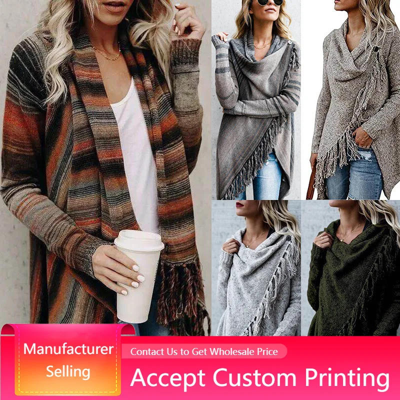 

Womens Tassel Long Sleeve Jumper Sweater Winter Loose Knitwear Knitted Cardigan Ladies Fringe Shawl Tops Coat Sweater