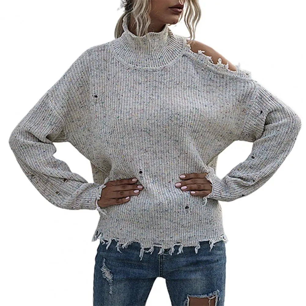 Vrouwen Gebreide Blouse Hoge Kraag Trui Batwing Lange Mouwen Truien Ripped Off Shoulder Breien Jumpers Voor Kantoor