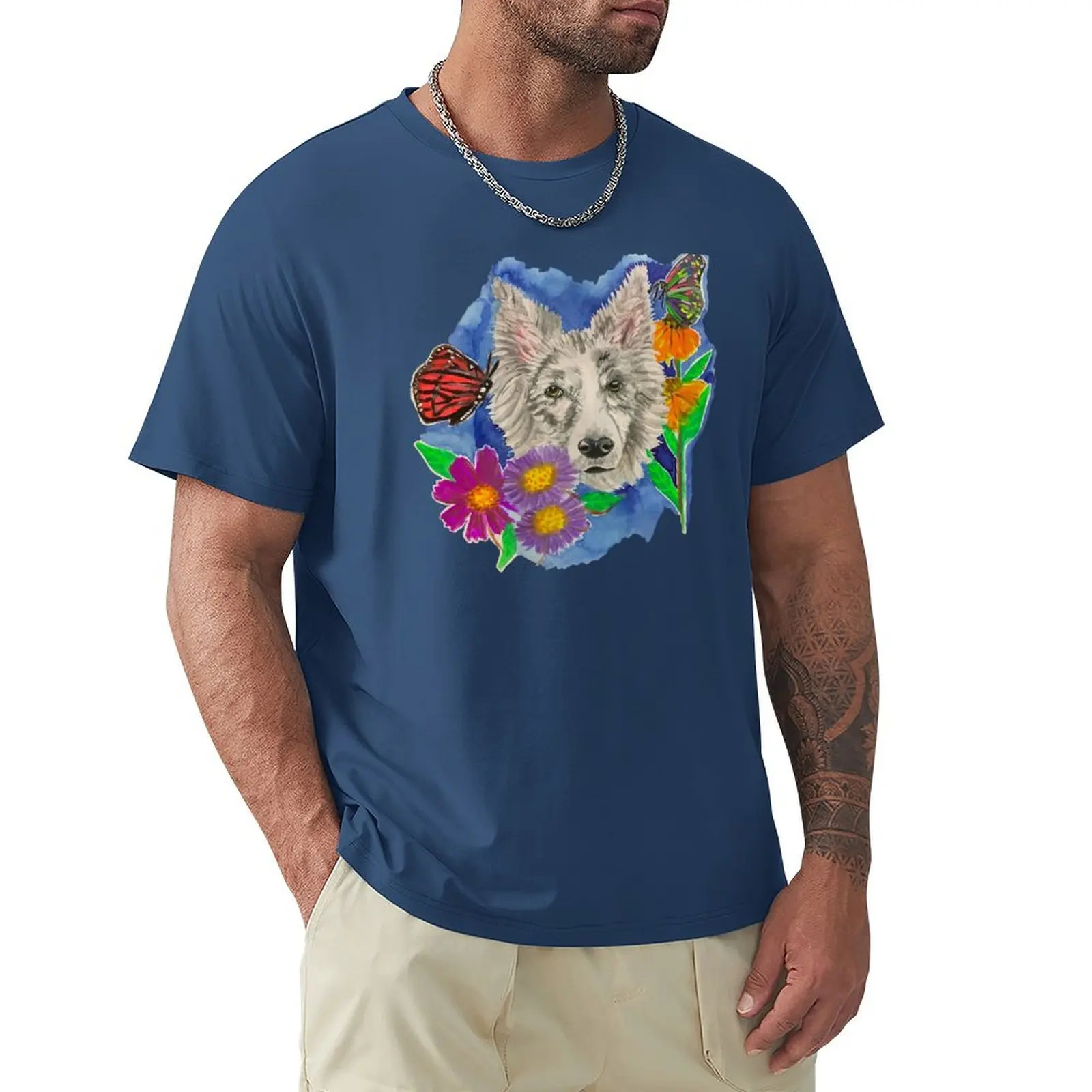 

Australian shepherd dog gouache painting with butterflies and flowers T-Shirt vintage clothes new edition tees men t shirt