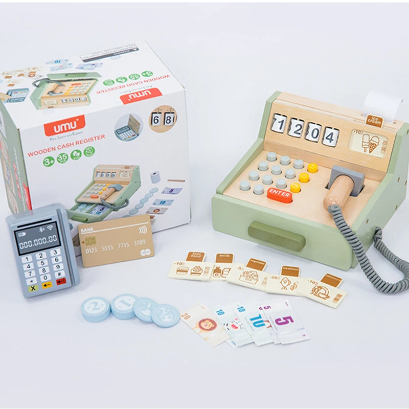 Wooden Simulation Supermarket Checkout Counter Toy Cash Register Kids Role-Play Toys Kitchen Toys Girls Pretend Play Toys 4