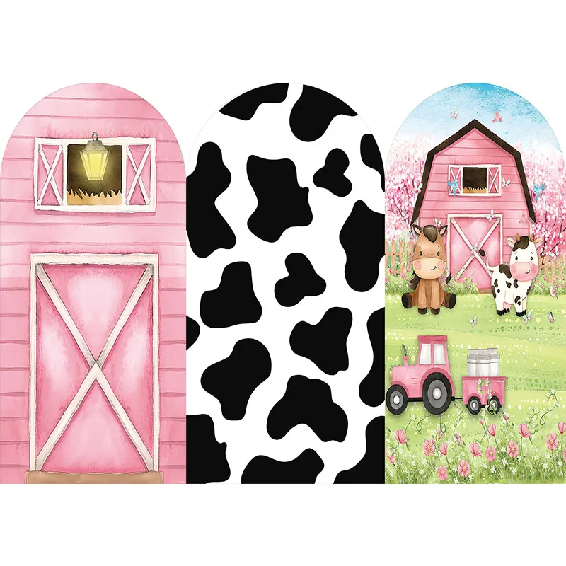 Mehofond Barn House Arched Backdrop Cover Farm Rural Filed Baby Shower Party Cow Round Top Spandex Background Photozone
