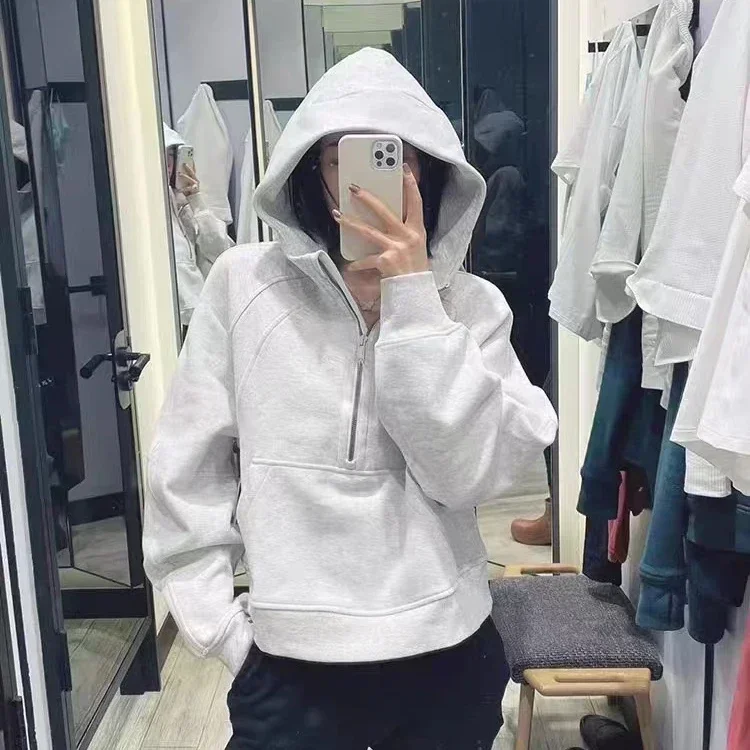 Lemon Women Scuba Hoodie Jackets Winter Warm Training Sweatshirts Gym Workout Sports Coat Thickened Thermal Half Zipper Hoodie