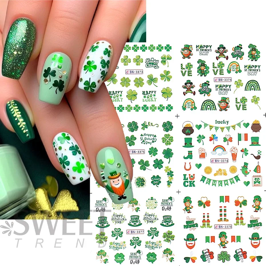12pcs 3D Green Four Leaf Clover Cartoon Character Nail Sticker Beer Letter Water Transfer Slider DIY Manicure Art Decoration Tip