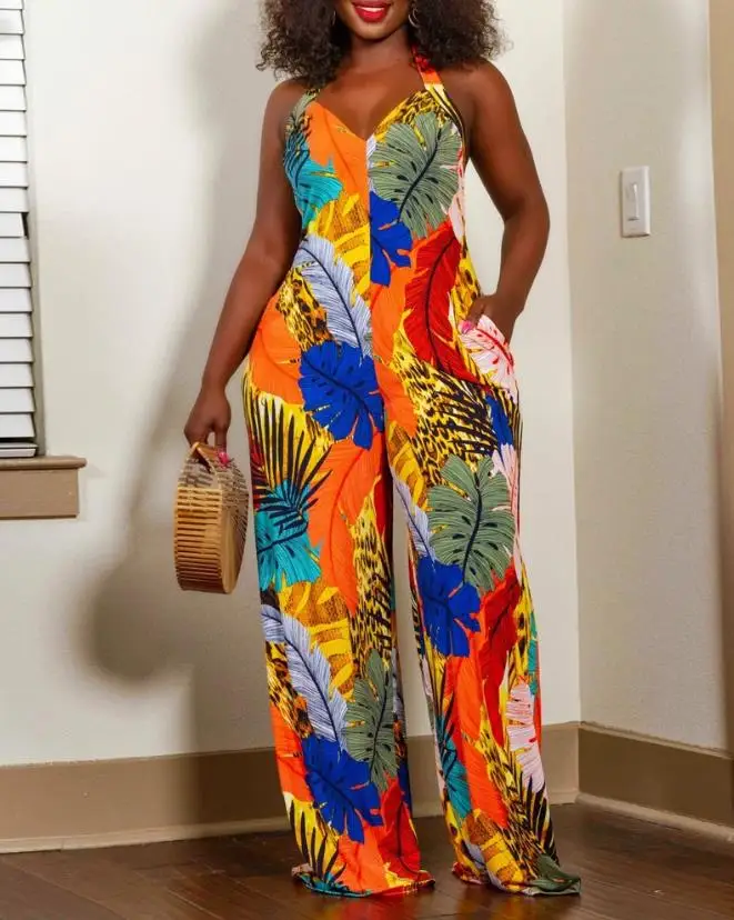 Fashion Summer Casual 2024 New Versatile Commuting Jumpsuit Elegant Women's Tropical Print Halter Backless Wide Leg Jumpsuit ﻿