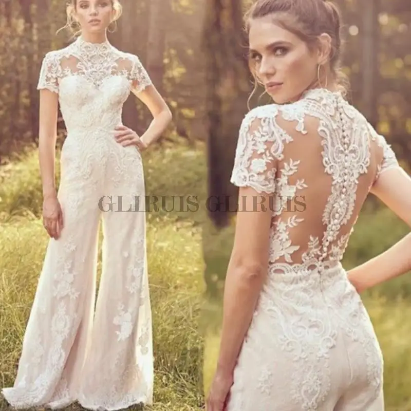 

Jumpsuits High Neck Wedding Dress Short Sleeve Illusion Lace Appliques Button High Quality Bride Gown Vestidos De Soiree