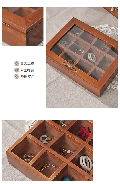 12 grid retro solid wood jewelry box storage box wooden jewelry display box  with glass cover wooden box organizer sale 26*19*6cm - AliExpress