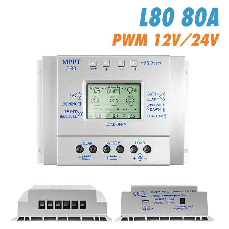 

MPPT 80A Solar Charge Controller 12V 24V Regulador Solar 80A for Max 48V Input with Light and Timer Control USB 5V Output