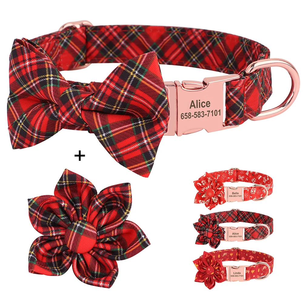 Personalized Christmas Dog Collar Customized Red Plaid Pet Collars With Bowknot Free Engraving ID Name Tag Pet Accessories