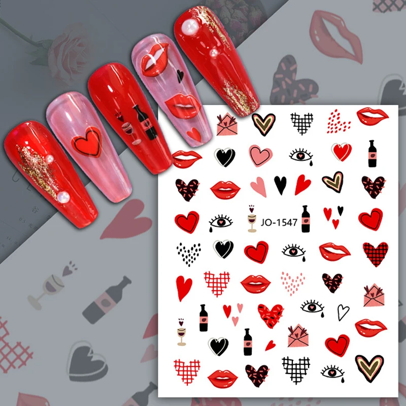 Women nail art sticker wine kiss mouth red heart shape design for Valentine's Day back glue big size slider nail decal YJ078