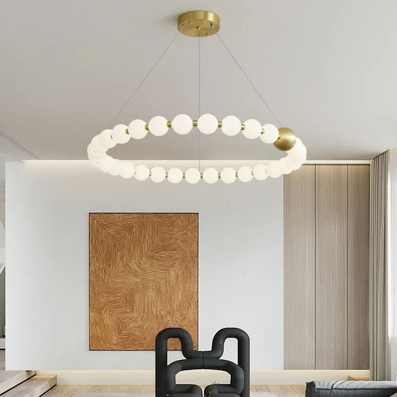French Pearl Necklace Dining Chandelier Nordic Living Room Chandelier Full Copper Buddha Bead Acrylic Lamp
