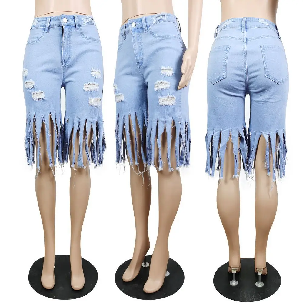 Solid Frayed Fringe Jeans Fashion Hole Women Summer Half Denim Pants cropped leggings