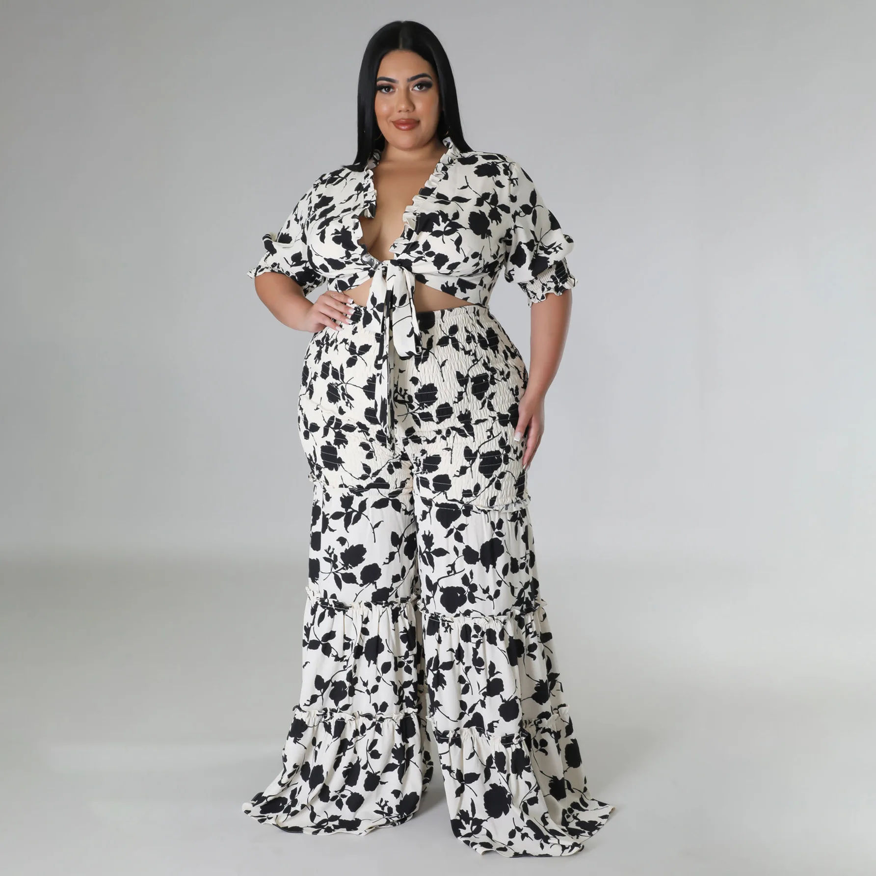 Plus Size Elegant Sets Flower Print Tops And Wide Leg Pants Female Fashion Women Casual Cloth 2023 Summer Two Piece Matching Set