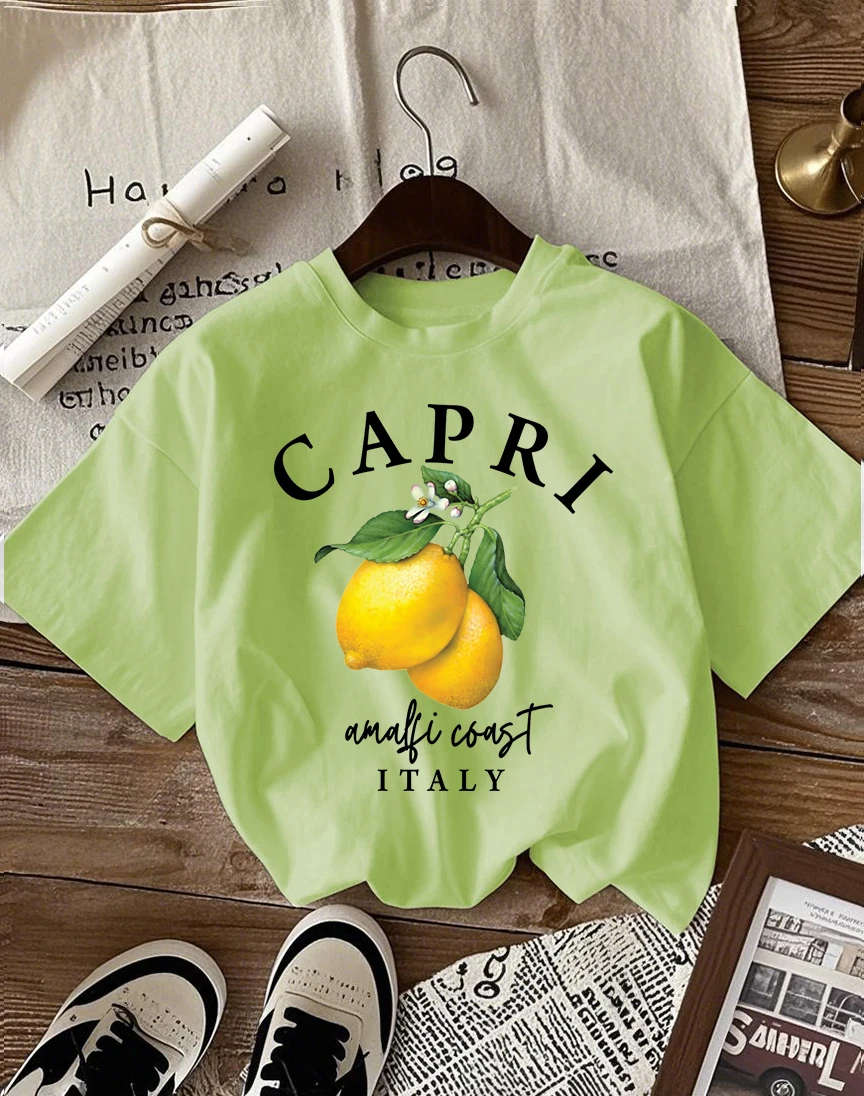 Italian Lemon Print Women's Cotton T-Shirt - O-Neck Short Sleeve Trendy Loose Streetwear Summer Top