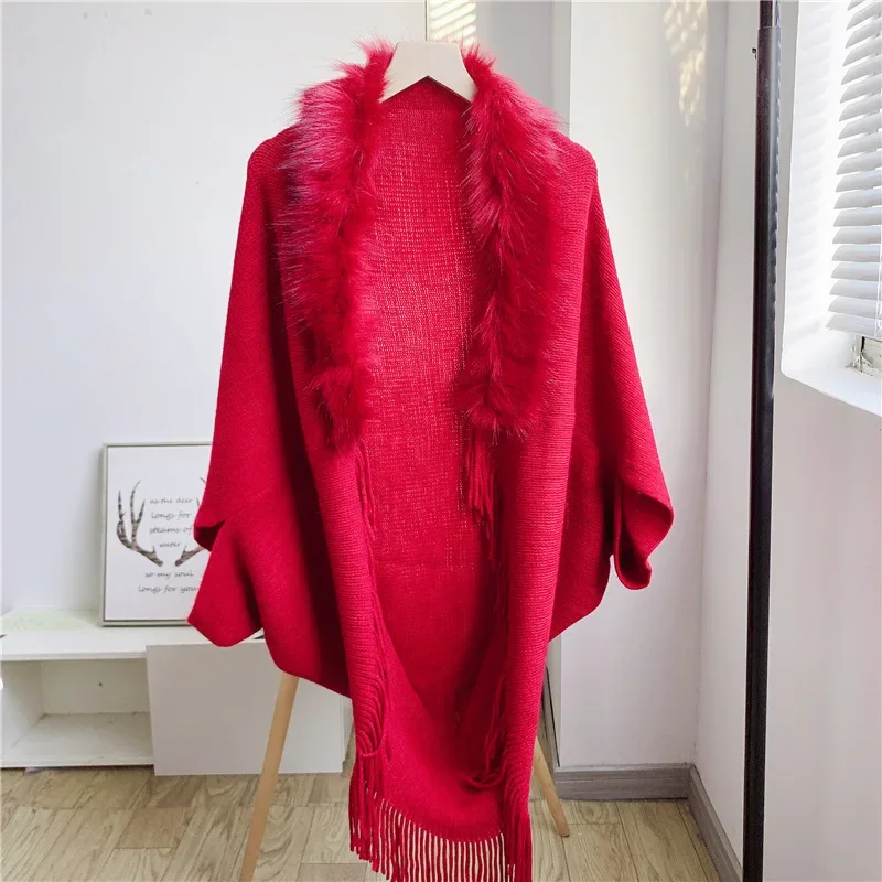 

Imitate Fur Collar Winter Shawls And Wraps Bohemian Fringe Oversized Womens Winter Ponchos And Capes Sleeve Cardigan Red Cloak