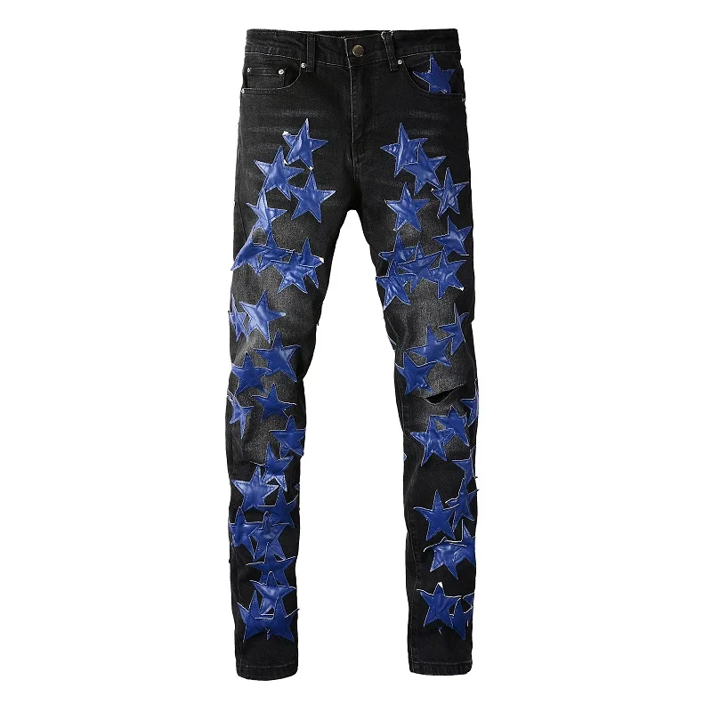 

Black Washed Distressed Jeans High Stretch Skinny Leather Blue Stars Patches Streetwear Jeans Scratched Ripped Jeans