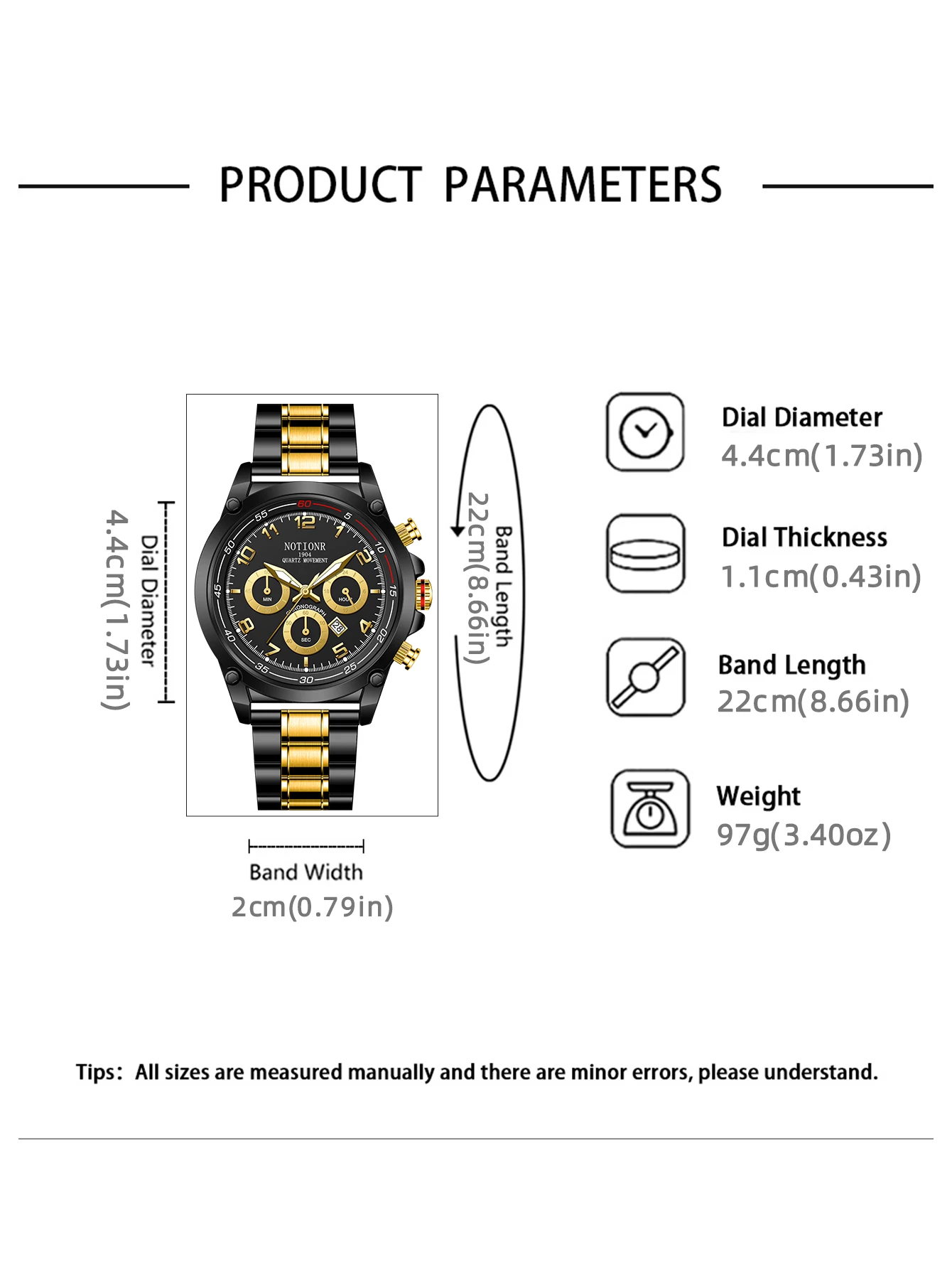 NOTIONR Hot Selling Men's Fashion Watch Black Gold Luxury Men's Business Watch Men's Stainless Steel Quartz Night Light 2