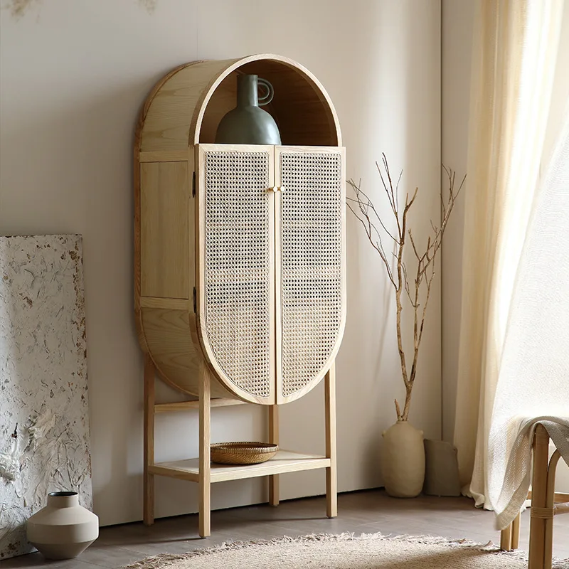 

Solid Wood Sideboard Living Room Locker Rattan Storage Cabinet Wall Double Door Storage Cabinet