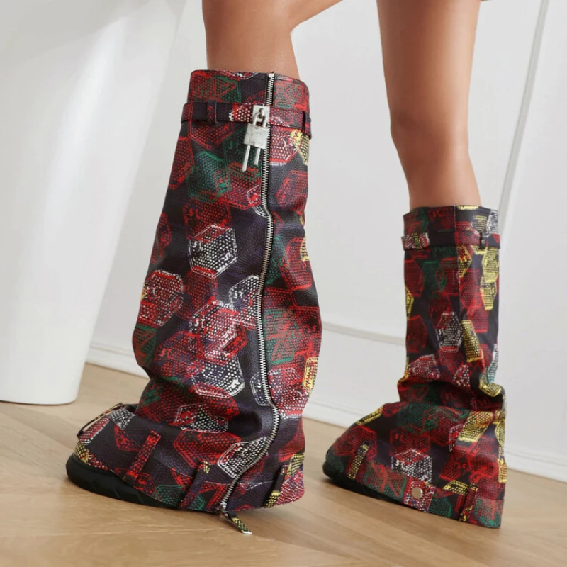

Brand Size 35-48 Metal Lock Wedge Heels Knee-high Boot Candy Color Snake Pattern Women Shoes Fashion Slope Heel Skirt Boots