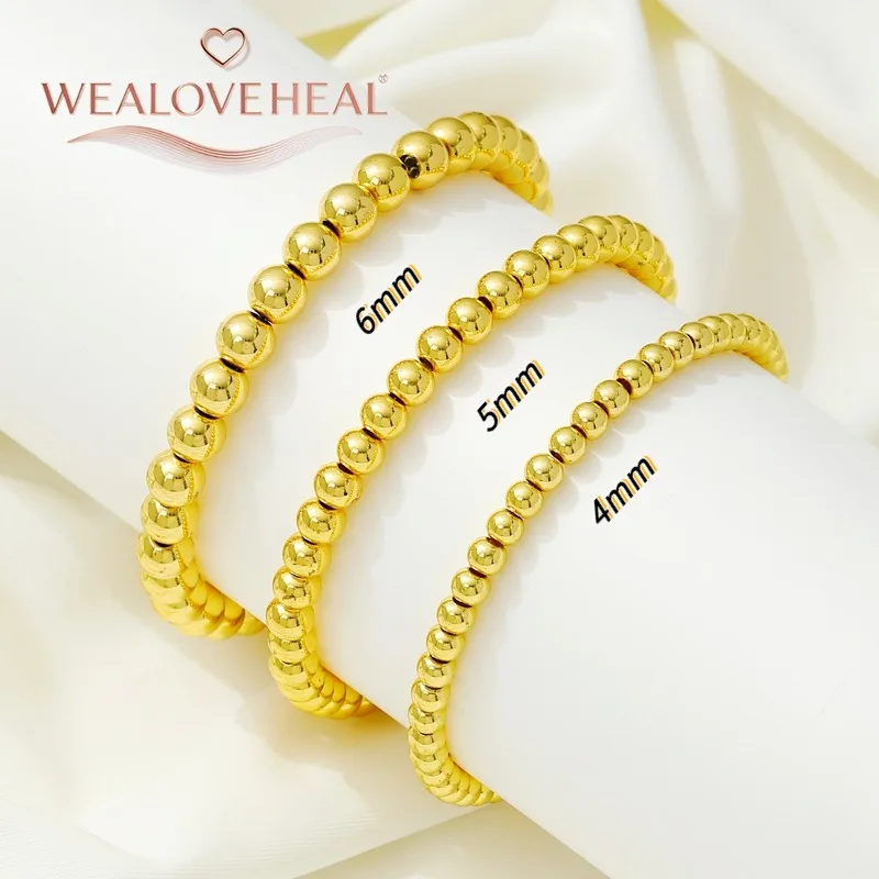 18K vergoldetes Messing Metall Runde Gold Kugel Perlen Armbänder für Damen Herren Schmuck, 4/5/6mm Perlenstrang elastisches Armband – Detail 22