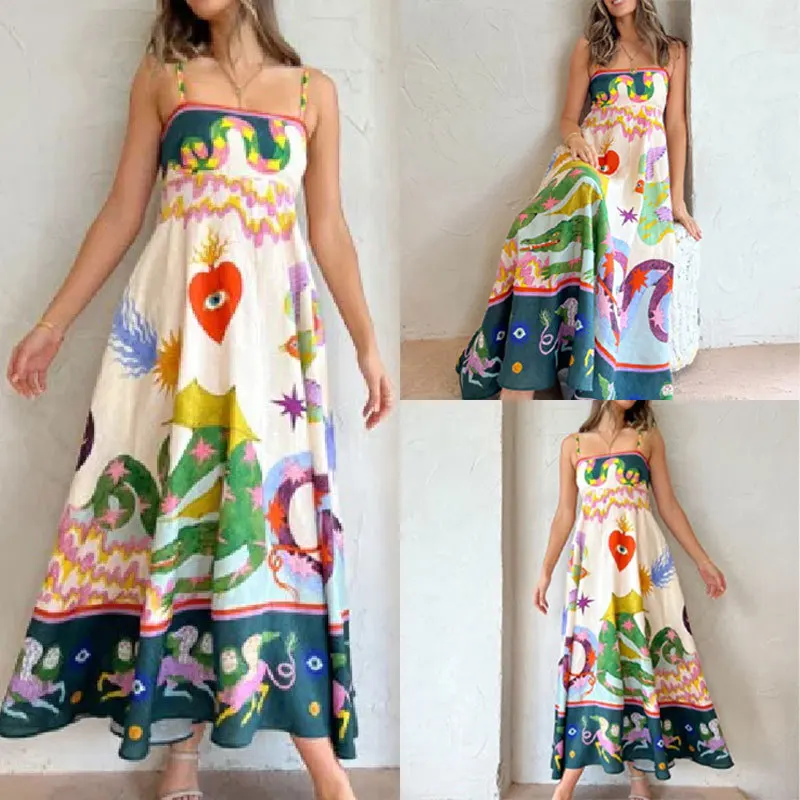 

2024 Summer Printed Suspender Dress Camisole Sleeveless Ankle Length Skirt Versatile Leisure Dress for Gift Lady Commuting