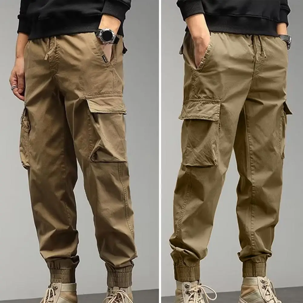 

Men Solid Color Pants Men's Cargo Pants with Ankle-banded Design Multiple Pockets Elastic Waist for Sports Comfortable Wear Men