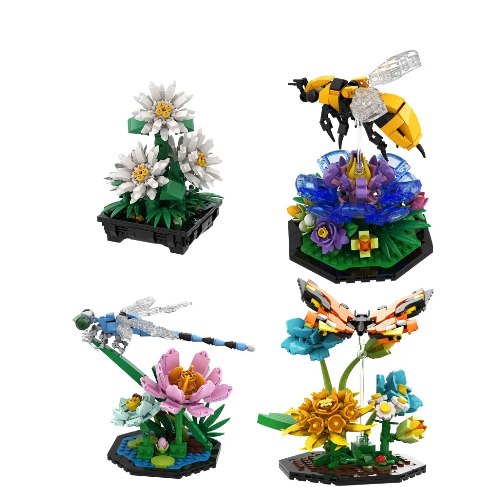 Gobricks Moc Pianta In Vaso Margherite Blocchi Di Costruzione Insetto Ape Farfalla Libellula Modello Mattoni Parte Giocattoli Per Bambini Regalo Di Na
