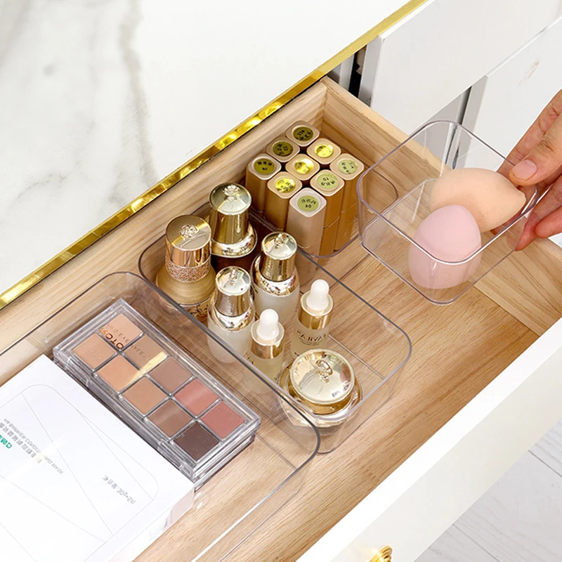 Versatile Drawer Organizer Plastic Trays and Dividers in 4 Sizes for Perfect Makeup and Kitchen Supplies Storage