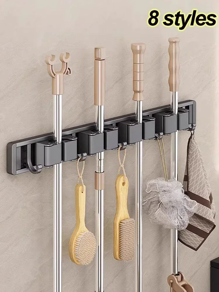 Mop and Broom Organizer Mop Holder Rack Wall Mounted Strong Broom Self With 5 Hooks Organizers Hang
