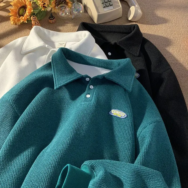 

Korean autumn and winter polo collar sweatshirt genderless Japanese retro ins trendy top versatile loose plus velvet thickening