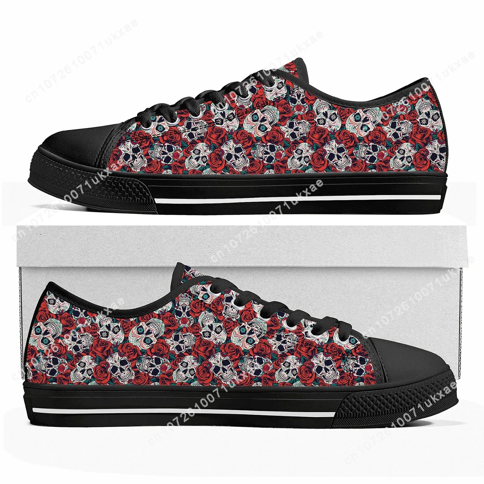 Retro Sugar Skull Floral Printed Low Top Sneakers Mens Womens Teenager Canvas Sneaker Casual Custom Made Shoes Customize Shoe