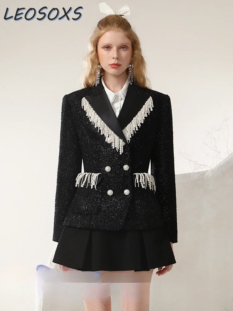 

Socialite Temperament Black Woolen Suit Jacket Women 2023 Winter New Heavy Industry Bead Necklace Flow Blazer Coat Outerwear