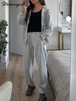 Autumn Sweatpants Set Women White Oversize Sweatshirt With Zipper And Hood Tracksuits Set Women Two Piece Gray Sports Pants Suit - Image 5