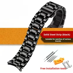 Curved Stainless Steel Watch Strap Bracelet for Men and Women, Chain Style, Universal Sizes 18 - 24mm (Black)