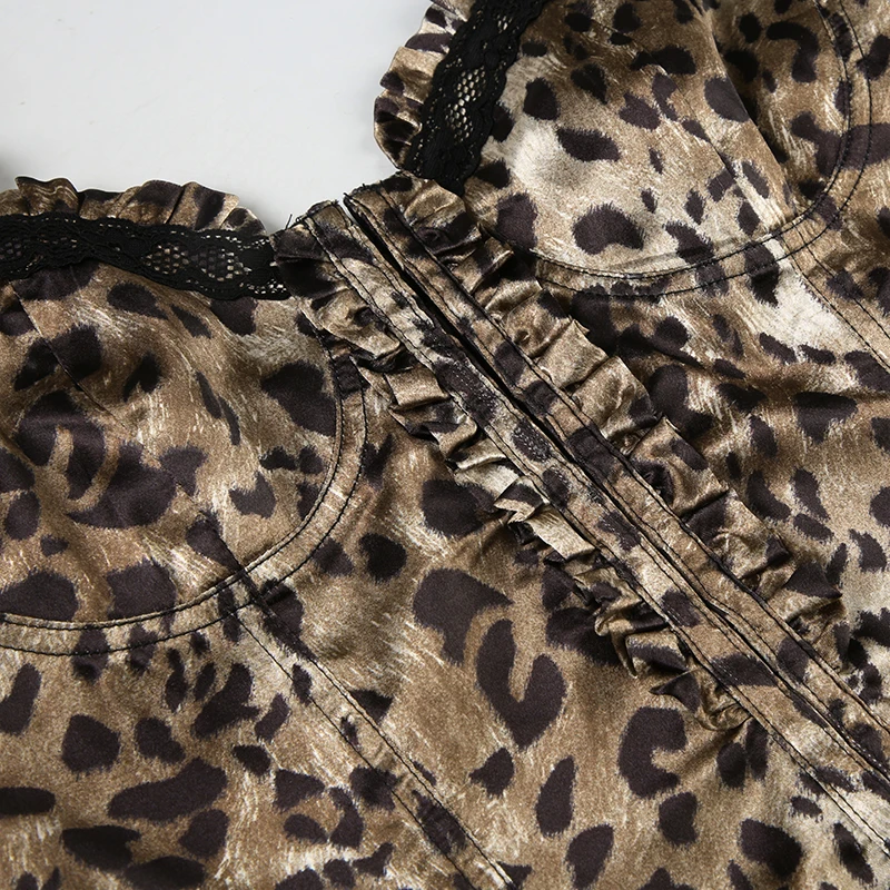 Y2K Leopard Print Square Collar Tank Top Lace Patchwork Lettuce Trim Hook Crop Tops Vintage Lady Fashion Streetwear