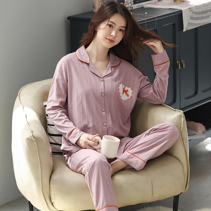 

Autumn Women's Pajama Sets Solid Color Fashion Cotton Female Pyjamas Two Pieces Shirts + Pants Nighties Big Yards XXXL Sleepwear