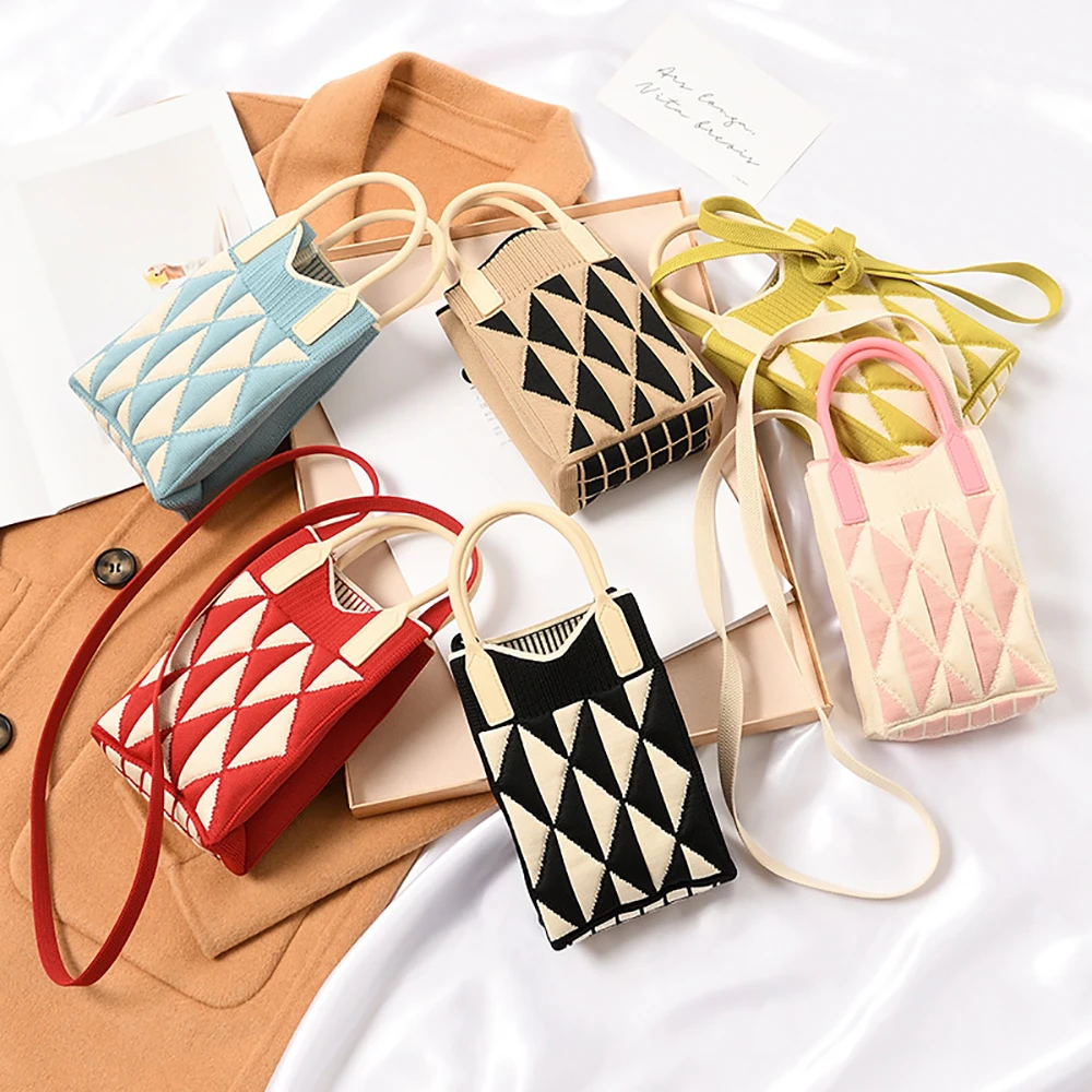 

Handmade Knit Handbag Women Mini Shoulder Bag Female Casual Color Wide Stripe Plaid Tote Bag Student Cell Phone Package 2023 New