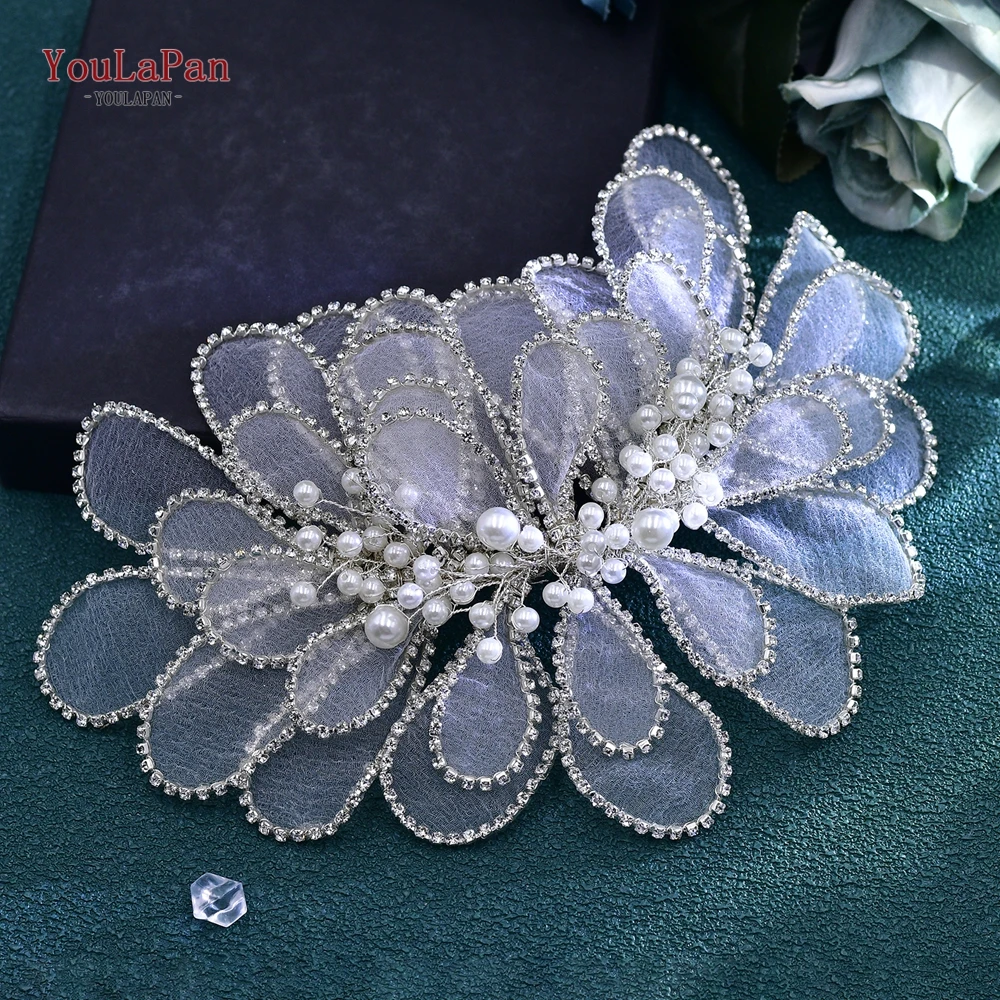 YouLaPan Handmade Mesh yarn Leaf Shape Headband Elegant Women Pearl Headwear Hair Accessories Rhinestone Wedding Headdress HP681