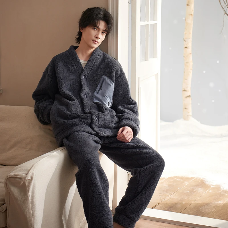 남성 플란넬 잠옷 홈웨어 큰 사이즈 잠옷 긴팔 잠옷 남성용 피자마 옴브레 산호 플리스 겨울 잠옷 3XL