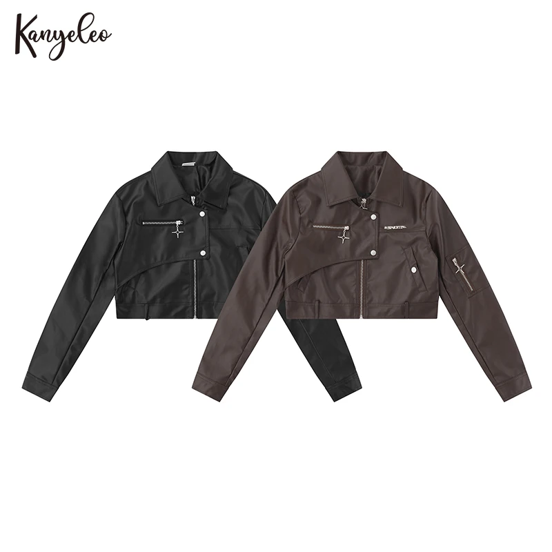 

American vintage chic zipper design premium sense Spice Girls leather short jacket women tide tops