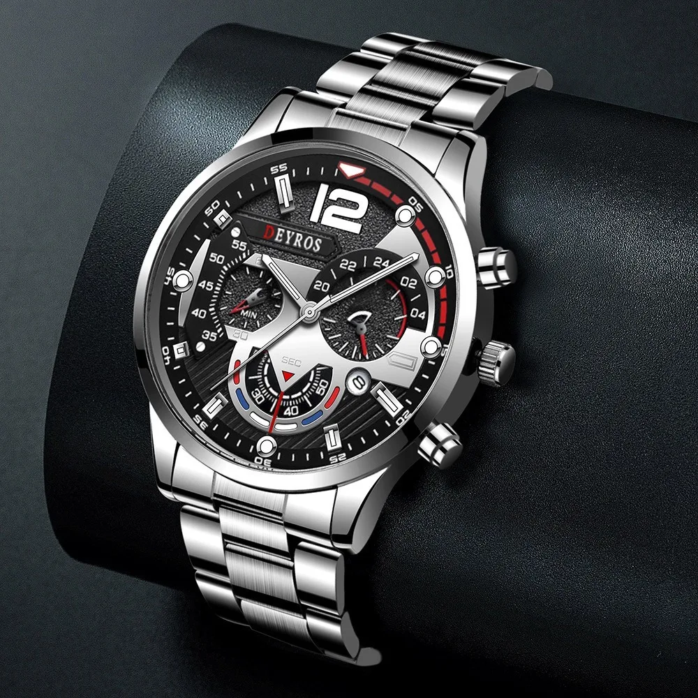 2pcs Quartz Watch Luxury Black Quartz Watch & Bracelet For Men Business Fashion Round Calendar Watch Set Without Box