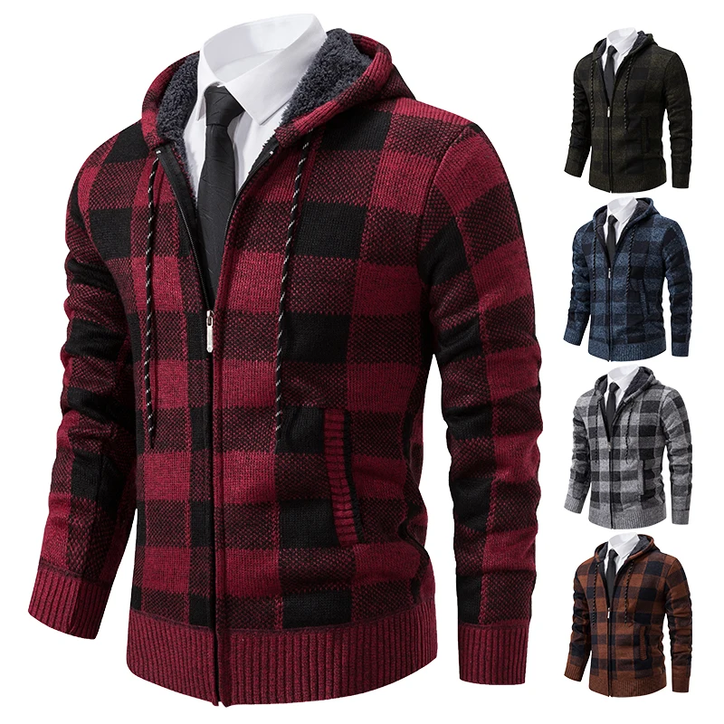 Male Knit Hoodie Jacket Spring Winter Men's Sweater Cardigan Y2K Chess Pattern Fleece Thermal Cold Coat Stylish Plaid Knitwear