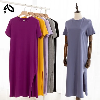 Original Casual 94% Cotton Summer Women's Dresses Solid Short Sleeve Spilt Long Midi Dress Fashion Sundress Female Clothing 1