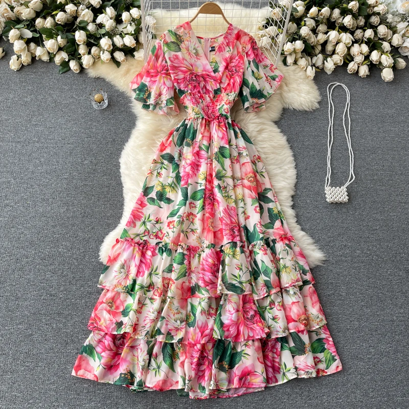 Elegant Party Dress Women Chiffon Printed Floral Long Dresses Ladies Short Sleeve Sexy V-neck Beach Maxi Dress Vestidos