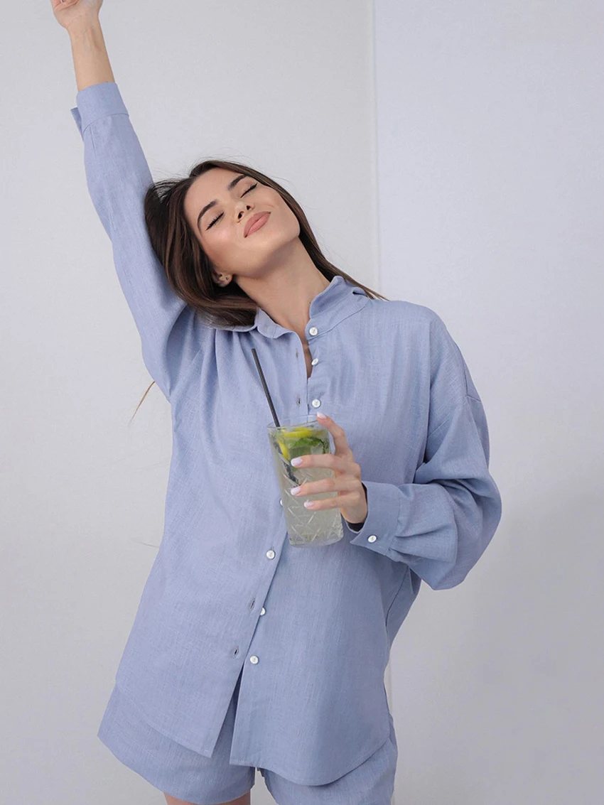 Marthaqiqi Casual Women Sleepwear Set Long Sleeve Nightgowns Turn-Down Collar Pajama Shorts Cotton Ladies Nightwear 2 Piece Suit