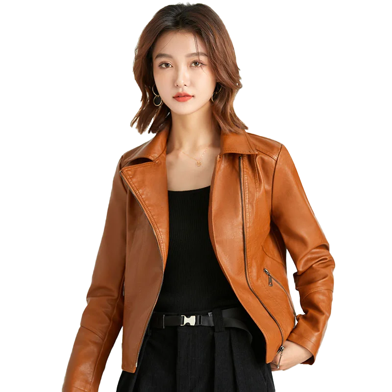 Elegant Leather Women Spring Jacket Slim Black Moto Biker Coat Lady