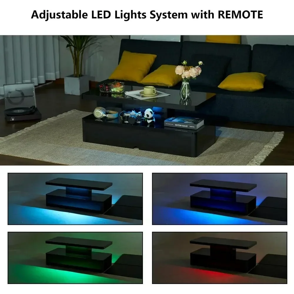 Double-Layer Design for Living Room Green Coffee Table Modern Stylish Coffee Table With 16 Colors LED Lights Black Furniture 5