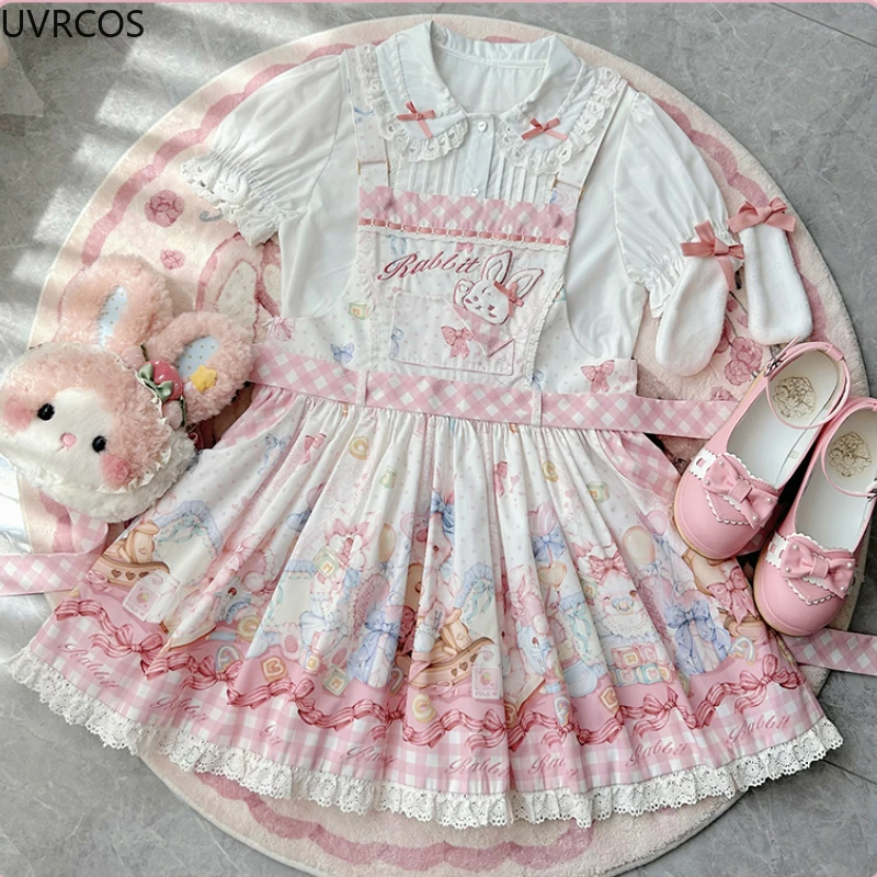 Japanese Kawaii Lolita Style Jsk Dress Women Sweet Bunny Print Party Mini Princess Dresses Harajuku Y2k Sleeveless Strap Dresses